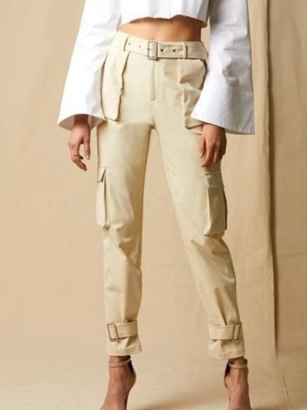 Choosy Bridget Cargo Pants Beige Tapered Leg